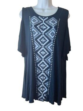 Vocal Womens Cold Shoulder Tunic Tee Black Southwest Aztec Boho Beaded Bling L